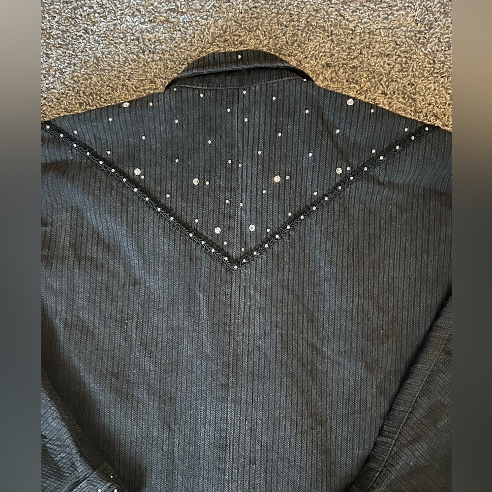 5/$25 Vintage Opal by Lorraine Wardy black pinstriped denim jacket size medium - Picture 9 of 13